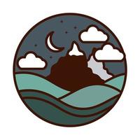 paisaje naturaleza montañas pico nieve luna estrellas icono de línea y relleno vector