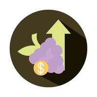 racimo de uvas frutas demandan dinero flecha hacia arriba aumento de precios de alimentos icono de estilo de bloque vector
