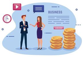 business couple with pile of coins and icons vector