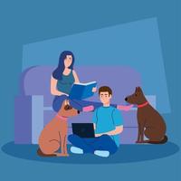 couple sitting in couch, woman reading a book, man using laptop with dog mascot vector