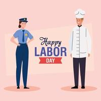 labor day poster with woman and man of different professions, police and chef vector