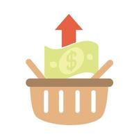 cesta de compras, crecimiento de dinero, flecha, mercado, aumento de precios de los alimentos, icono de estilo plano vector
