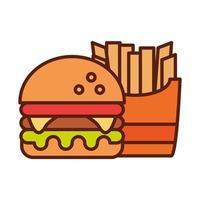 comida rápida hamburguesa y papas fritas cena y menú comida sabrosa y línea insalubre e icono de relleno vector