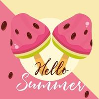 hello summer travel and vacation season watermelon ice cream in sticks lettering text banner vector