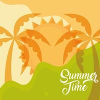 hello summer travel and vacation season palm trees sun tourism banner lettering text vector