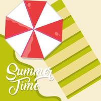 hola verano viajes y vacaciones temporada paraguas toalla en arena playa texto de letras vector