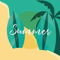 hola verano viajes y temporada de vacaciones tablas de surf playa palmera arena letras texto vector