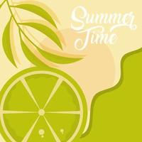 hola verano viajes y temporada de vacaciones rebanada limón playa mar hojas letras texto vector