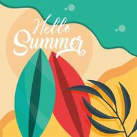 hola verano viajes y temporada de vacaciones tablas de surf playa mar arena hoja letras texto vector