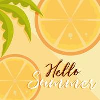 hello summer travel and vacation season slices lemon citrus leaves sand lettering text vector