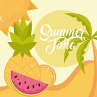 hola verano viajes y temporada de vacaciones sandía piña limón arena sol palmera letras texto vector