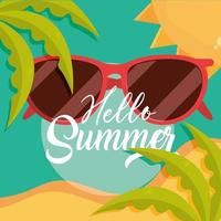 hello summer travel and vacation season sunglasses beach sand sea leaves lettering text vector