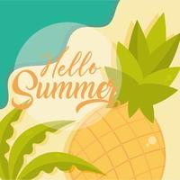 hola viajes de verano y temporada de vacaciones piña playa follaje letras texto vector