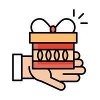 mano que sostiene la línea de celebración sorpresa de la caja de regalo y el icono de estilo de relleno vector