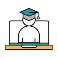 estudiante de graduación virtual de educación en línea en el sitio web de la computadora portátil y cursos de capacitación móvil icono de línea y relleno vector