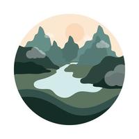 paisaje naturaleza río montañas valle escena estilo plano icono vector