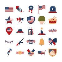 los iconos de la celebración nacional americana del día conmemorativo establecen icono de estilo plano vector