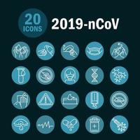 los iconos de la enfermedad de la neumonía respiratoria pandémica del virus covid 19 establecen el icono de estilo de línea de bloque vector