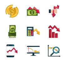financial business crisis economy money stock market crash icons set isolated icon vector