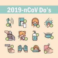 evitar y prevenir la propagación de los iconos covid19 establecer icono de línea y archivo vector