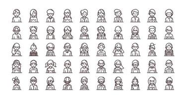 avatar male female men women cartoon character people icons set line style icon vector