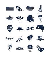 día conmemorativo americano celebración nacional iconos conjunto icono de estilo de silueta vector