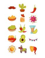 cinco de mayo decoración evento conjunto de iconos mexicanos vector