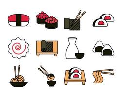 iconos de menú oriental de sushi establecen icono de estilo de línea y relleno vector