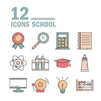 school education learn supply stationery icons set line and fill style icon vector