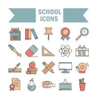 school education learn supply stationery icons set line and fill style icon vector