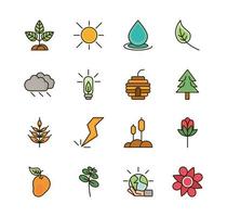 naturaleza, follaje, botánico, ecología, dibujo, iconos, conjunto vector