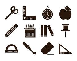 school education learn supply stationery icons set silhouette style icon vector