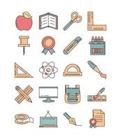 school education learn supply stationery icons set line and fill style icon vector