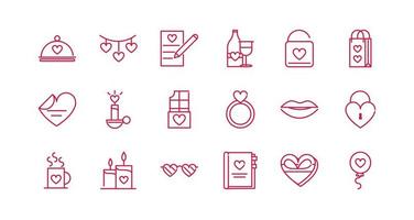 Feliz día de san valentín pasión romántica amor conjunto de iconos de diseño de línea roja vector