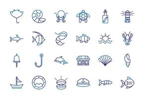 marine life nautical sea animals and equipment thick line blue icons vector