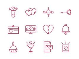Feliz día de san valentín pasión romántica amor conjunto de iconos de diseño de línea roja vector
