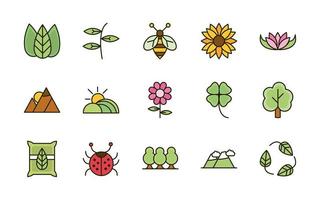 naturaleza, follaje, botánico, ecología, dibujo, iconos, conjunto vector