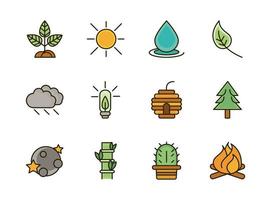 naturaleza, follaje, botánico, ecología, dibujo, iconos, conjunto vector