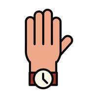 Mano con línea de celebración de reloj de pulsera e icono de relleno vector