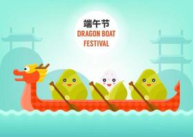 Dragon Boat and Rice dumpling paddler with Mountain and Chinese pavillion background vector