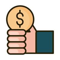 hand with coin money financial business stock market line and fill icon vector