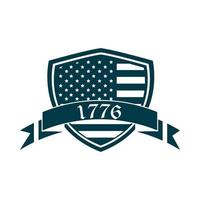 feliz día de la independencia bandera americana escudo cinta celebración silueta estilo icono vector