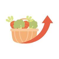 verduras frescas en la cesta de la compra mercado flecha hacia arriba aumento de los precios de los alimentos icono de estilo plano vector