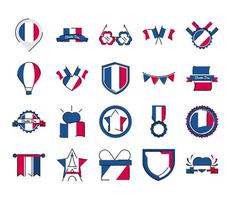 Francia y el día de la bastilla línea y estilo de relleno conjunto de iconos de diseño vectorial vector