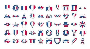 Francia y el día de la bastilla línea y estilo de relleno conjunto de iconos de diseño vectorial