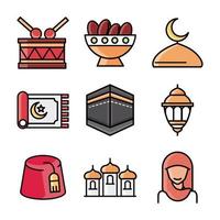 eid mubarak, celebración religiosa islámica, iconos tradicionales, conjunto de iconos de estilo plano vector