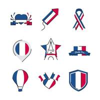 Francia y el día de la bastilla línea y estilo de relleno conjunto de iconos de diseño vectorial vector