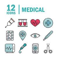 medical health care equipment assistance support icons set line and fill style vector