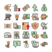 Invertir negocios economía financiera iconos de dinero establecer línea e icono de relleno vector