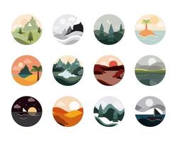 paisaje, naturaleza, montañas, océano y bosque, en, círculo, iconos, conjunto, plano, estilo, icono vector